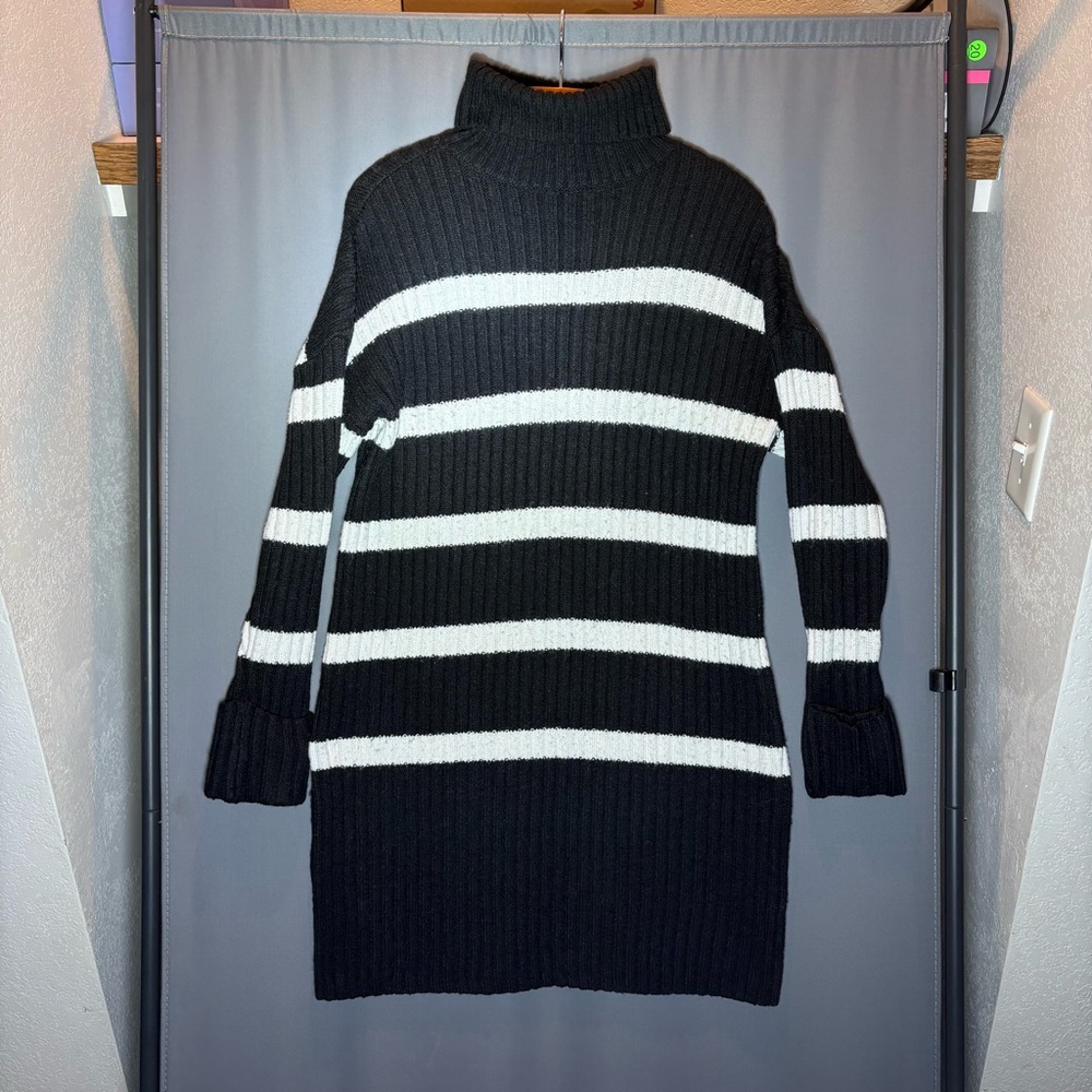 Black and White Striped Turtleneck Sweater Dress